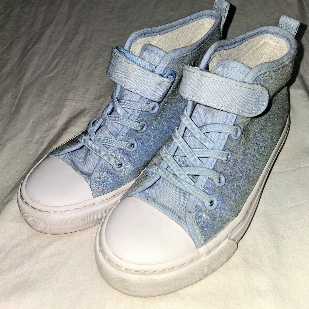 Kids‎ Glitter High Top Sneakers Blue Lace Up Hook and Loop Closure Size 3